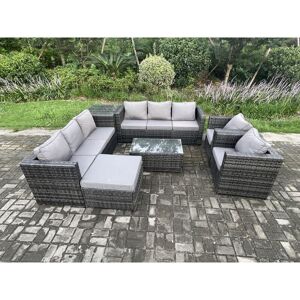 Fimous 9 Seater Outdoor Lounge Sofa Set Wicker PE Rattan Garden Furniture Set with 2 Armchair Oblong Coffee Table Side Table Big Footstool Dark Grey