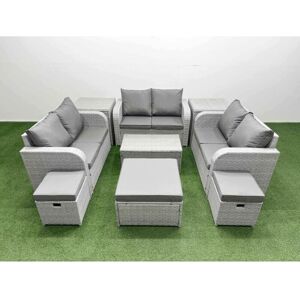 Fimous 9 Seater PE Wicker Rattan Furniture Sofa Sets with Rectangular Coffee Table 2 Seater Love Sofa 3 Stool Side Table Light Grey