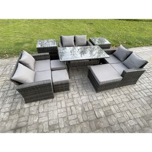FIMOUS 9 Seater Wicker pe Rattan Garden Furniture Sets Outdoor Lounge Sofa Set with Oblong Dining Table Double Seat Sofa 3 Footstools 2 Side Tables Dark