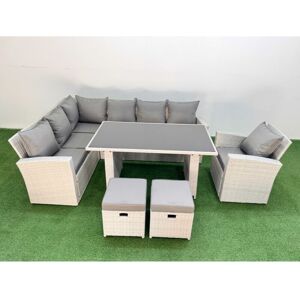 FIMOUS 9 Seater Wicker Rattan Corner Sofa Sets Outdoor Garden Furniture Sets with Rectangular Dining Table Lounge Sofa 2 Small Footstools Armchair Light