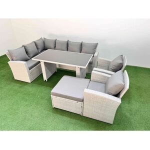 9 Seater Wicker Rattan Corner Sofa Sets Outdoor Garden Furniture Sets with Rectangular Dining Table Lounge Sofa Big Footstool Light Grey - Fimous