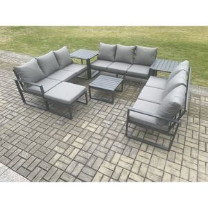 FIMOUS Aluminium 10 Seater Outdoor Garden Furniture Set Patio Lounge Sofa with Square Coffee Table 2 Side Tables Big Footstool Conservatory Set Dark Grey