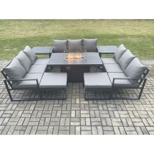 FIMOUS Aluminium 11 Seater Garden Furniture Outdoor Set Patio Lounge Sofa Gas Fire Pit Dining Table Set with 2 Big Footstools 2 Side Tables Dark Grey