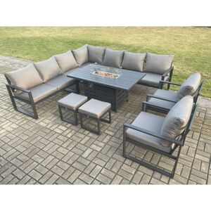 Fimous Aluminium 11 Seater Garden Furniture Outdoor Set Patio Lounge Sofa Gas Fire Pit Dining Table Set with 2 Chairs 2 Small Footstools Dark Grey