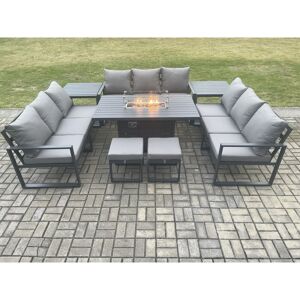 Fimous Aluminium 11 Seater Garden Furniture Outdoor Set Patio Lounge Sofa Gas Fire Pit Dining Table Set with 2 Small Footstools 2 Side Tables Dark