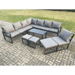 Fimous Aluminium 11 Seater Patio Outdoor Garden Furniture Lounge Corner Sofa Set with Oblong Coffee Table 3 Footstools Dark Grey