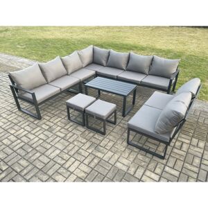 Fimous Aluminium 11 Seater Patio Outdoor Garden Furniture Lounge Corner Sofa Set with Oblong Coffee Table with 2 Small Footstools Dark Grey