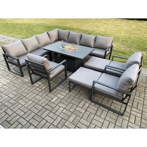 Fimous Aluminium 12 Seater Garden Furniture Outdoor Set Patio Lounge Sofa Gas Fire Pit Dining Table Set with 3 Chair 2 Big Footstools Dark Grey