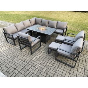 Fimous Aluminium 12 Seater Garden Furniture Outdoor Set Patio Lounge Sofa Gas Fire Pit Dining Table Set with 3 Chairs 2 Small Footstools Dark Grey