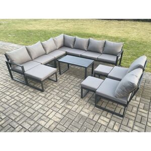 Fimous Aluminium 12 Seater Patio Outdoor Garden Furniture Lounge Corner Sofa Set with Oblong Coffee Table with 3 Footstools Dark Grey