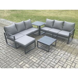 FIMOUS Aluminium 5 Pieces Garden Furniture Sofa Set with Cushions 7 Seater Outdoor Patio Set with Square Coffee Table Big Footstool Side Table Dark Grey