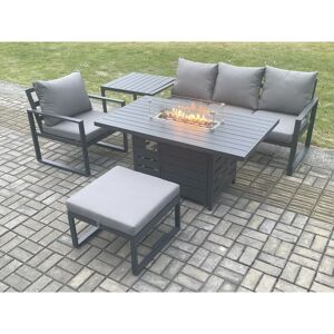 Fimous Aluminium 5 Pieces Garden Furniture Sofa Set with Cushions Gas Fire Pit Dining Table Set with Side Table Big Footstool Dark Grey