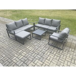 Fimous Aluminium 8 Seater Outdoor Garden Furniture Lounge Sofa Set with Square Coffee Table Chair Big Footstool Dark Grey