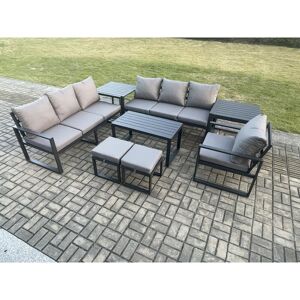 Fimous Aluminium 9 Seater Garden Furniture Outdoor Patio Sofa Set with Rectangular Coffee Table Armchair 2 Small Footstool 2 Side Tables Dark Grey