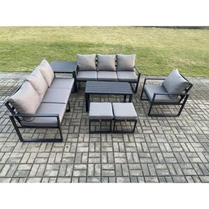 Fimous Aluminium 9 Seater Garden Furniture Outdoor Patio Sofa Set with Rectangular Coffee Table Armchair 2 Small Footstool Side Table Dark Grey