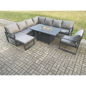 Fimous Aluminium 9 Seater Garden Furniture Outdoor Set Patio Lounge Sofa Gas Fire Pit Dining Table Set with Chair Big Footstools Dark Grey