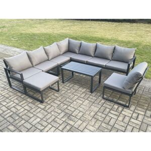 Fimous Aluminium 9 Seater Patio Outdoor Garden Furniture Lounge Corner Sofa Set with Oblong Coffee Table Big Footstool Dark Grey