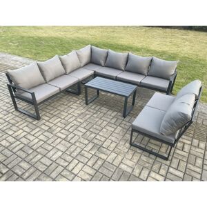 Fimous Aluminium 9 Seater Patio Outdoor Garden Furniture Lounge Corner Sofa Set with Oblong Coffee Table Dark Grey