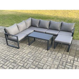 Fimous Aluminium Garden Furniture Set Outdoor Indoor Lounge Corner Sofa Oblong Coffee Table Sets with Big Footstool Dark Grey