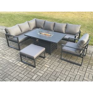 Fimous Aluminium Outdoor Garden Furniture Corner Sofa Gas Fire Pit Dining Table Sets Gas Heater Burner with Chair Big Footstool Dark Grey 8 Seater
