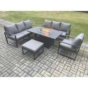 Fimous Aluminium Outdoor Lounge Sofa Garden Furniture Sets Gas Fire Pit Dining Table Set with Arm Chair Big Footstool Dark Grey