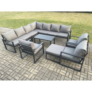 Fimous Aluminium Patio Outdoor Garden Furniture Lounge Corner Sofa Set with Oblong Coffee Table Big Footstool 3 Chair Dark Grey