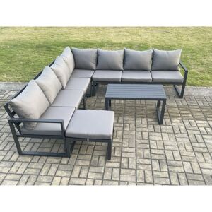 Fimous Aluminium Patio Outdoor Garden Furniture Lounge Corner Sofa Set with Oblong Coffee Table Big Footstool Dark Grey