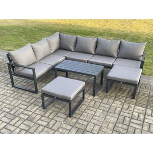 Fimous Aluminum 8 Seater Outdoor Lounge Corner Sofa Set Garden Furniture Sets with Oblong Coffee Table 2 Big Footstool Dark Grey