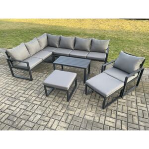 Fimous Aluminum 9 Seater Outdoor Lounge Corner Sofa Set Garden Furniture Sets with Oblong Coffee Table Chair 2 Big Footstool Dark Grey