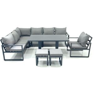 Fimous Aluminum Outdoor Garden Furniture Set Corner Sofa Chair 2 Small Footstool Adjustable Rising Lifting Dining Table Sets Dark Grey