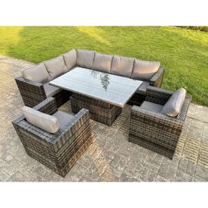 Fimous 8 Seater Rattan Outdoor Garden Corner Furniture Sets Height Adjustable Rising Lifting Table Lounge Small Footstools Dark Grey 8 Seater