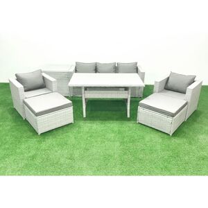 Fimous Garden Dining Set Outdoor Rattan Furniture Set with Sofa Dining Table 2 Chairs 2 Big Footstools Side Table Light Grey Mixed