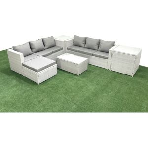 Garden Outdoor pe Rattan Furniture Set 7 Seater Rattan Garden Sofa Set with Big Footstool 2 Side Tables Light Grey Mixed - Fimous