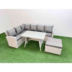 Garden Outdoor Rattan Furniture Set Rattan Corner Sofa Oblong Dining Table Set with Big Footstool Light Grey Mixed 7 Seater - Fimous