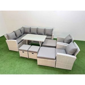 Garden Outdoor Rattan Furniture Set Rattan Corner Sofa Oblong Dining Table with 2 Armchairs 4 Footstools Light Grey Mixed 12 Seater - Fimous