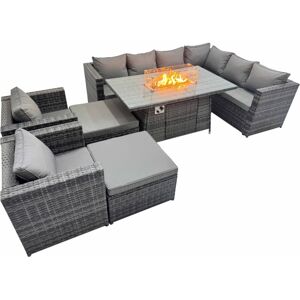 Fimous Garden Rattan Furniture Set 10 Seater Outdoor Corner Sofa 2 Chair Gas Firepit Dining Table Set with 2 Big Stools Dark Grey