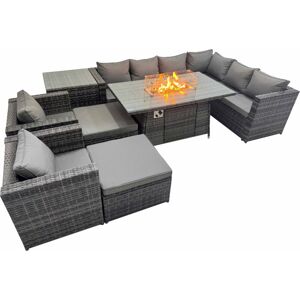 Fimous Garden Rattan Furniture Set 10 Seater Outdoor Corner Sofa 2 Chair Gas Firepit Dining Table Set with 2 Big Stools Side Table Dark Grey