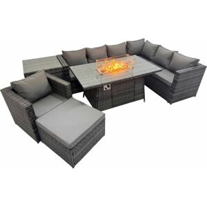 Fimous Garden Rattan Furniture Set 8 Seater Outdoor Corner Sofa Chair Gas Firepit Dining Table Set with Big Stool Side Table Dark Grey