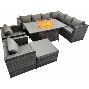 Fimous Garden Rattan Furniture Set 9 Seater Outdoor Corner Sofa 2 Chair Gas Firepit Dining Table Set with Big Stool Dark Grey