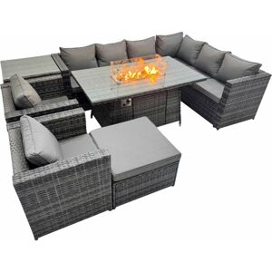 Fimous Garden Rattan Furniture Set 9 Seater Outdoor Corner Sofa 2 Chair Gas Firepit Dining Table Set with Big Stool Side Table Dark Grey