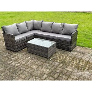 FIMOUS High Back Dark Mixed Grey Rattan Corner Sofa Set Outdoor Furniture Rectangular Coffee Table 6 Seater