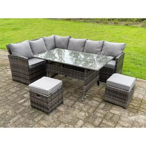 FIMOUS High Back Dark Mixed Grey Rattan Corner Sofa Set Outdoor Furniture Rectangular Dining Table 2 Small Footstools 8 Seater