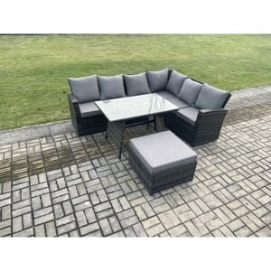 High Back Outdoor Garden Furniture Set Rattan Corner Sofa Dining Table Set With Big Footstool 7 Seater Dark Grey Mixed - Fimous