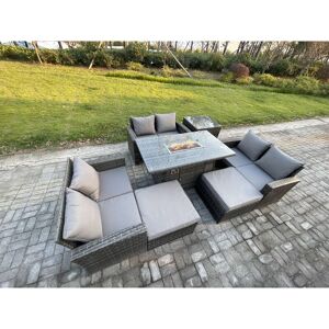 High Back Rattan Garden Furniture Sofa Sets with Outdoor Furniture Gas Firepit Dining Table Set 2 Big Footstool Side Table Dark Grey Mixed - Fimous