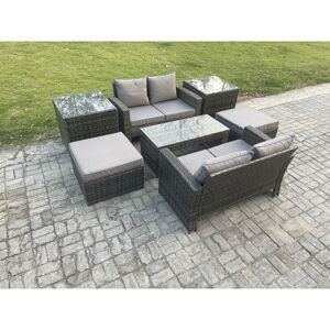 High Back Rattan Garden Furniture Sofa Sets with Rectangular Coffee Table 2 Side Tables 2 Big Footstool Dark Grey Mixed - Fimous