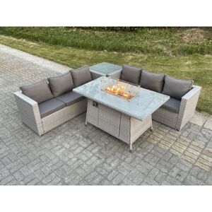 Light Grey Corner Rattan Fire Pit Garden Furniture Set Gas Heater Burner Lounge Sofa Dining Table With Side Coffee Table - Fimous