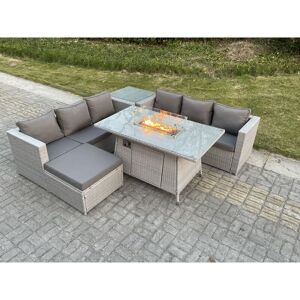 Light Grey Corner Rattan Fire Pit Garden Furniture Set Gas Heater Burner Lounge Sofa With Side Coffee Table Big Footstool - Fimous