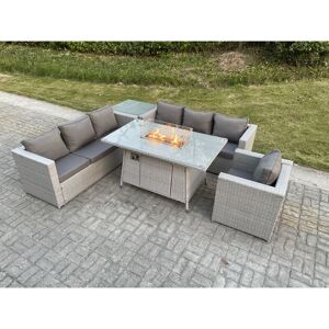 Light Grey Corner Rattan FirePit Garden Furniture Set Gas Heater Burner Lounge Sofa With Side Coffee Table And Chair - Fimous