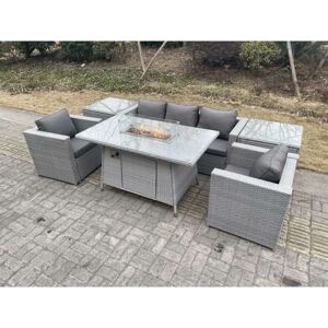 Light Grey Corner Rattan Garden Furniture Set Gas Fire Pit Heater Burner Lounge Sofa With 2 Side Coffee Table And Armchairs - Fimous