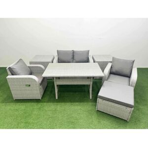 Light Grey pe Wicker Rattan Garden Furniture Set Sofa Set Reclining Chair Rectangular Dining Table 5 Seater With Footstool 2 Side Table - Fimous